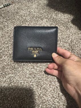 Prada Black Leather Compact Wallet with Gold Logo